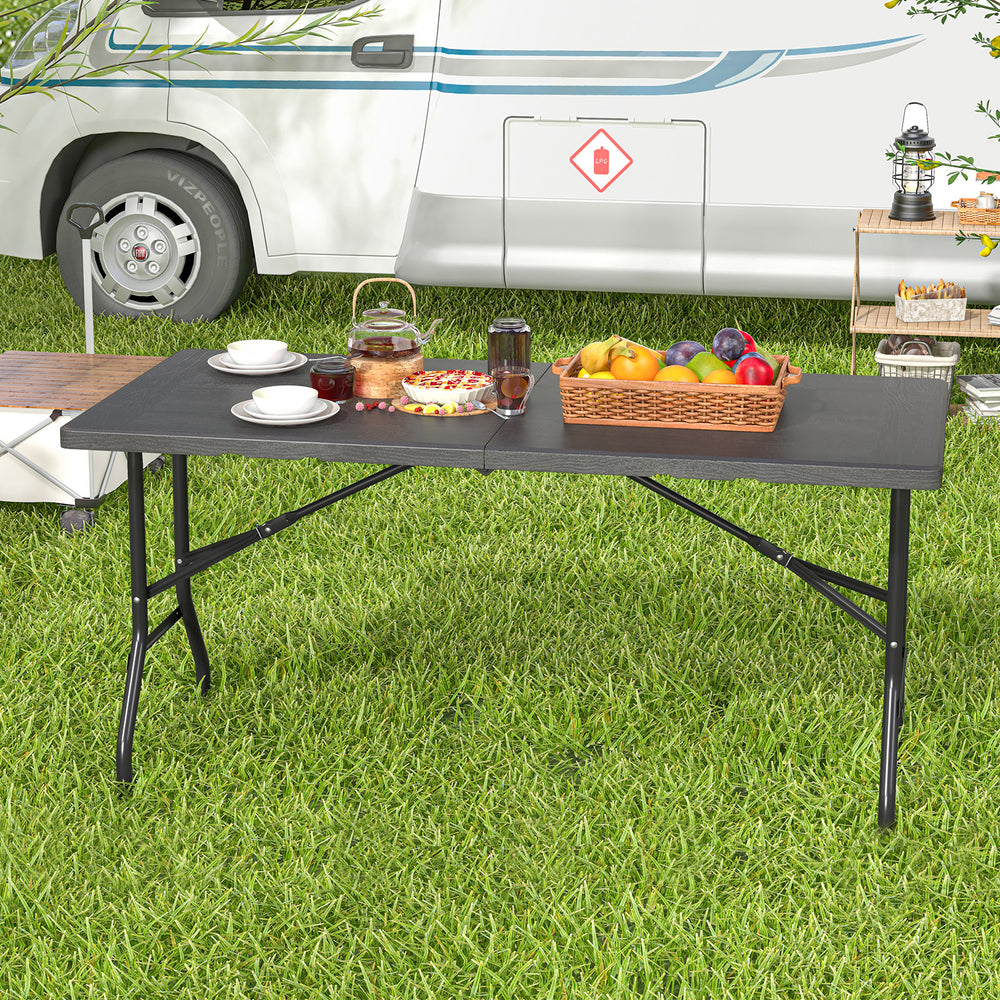 Portable and foldable design allows for easy storage and transportation<br>Convenient built-in handle ensures effortless mobility wherever you go<br>Crafted with a selected HDPE tabletop known for its durability<br>The mimic wood grain surface is wear-res
