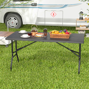 Portable and foldable design allows for easy storage and transportation<br>Convenient built-in handle ensures effortless mobility wherever you go<br>Crafted with a selected HDPE tabletop known for its durability<br>The mimic wood grain surface is wear-res