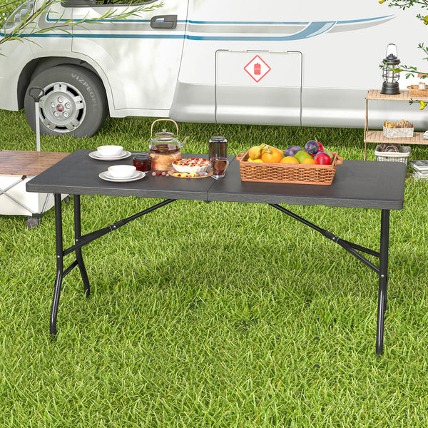 Portable and foldable design allows for easy storage and transportation<br>Convenient built-in handle ensures effortless mobility wherever you go<br>Crafted with a selected HDPE tabletop known for its durability<br>The mimic wood grain surface is wear-res