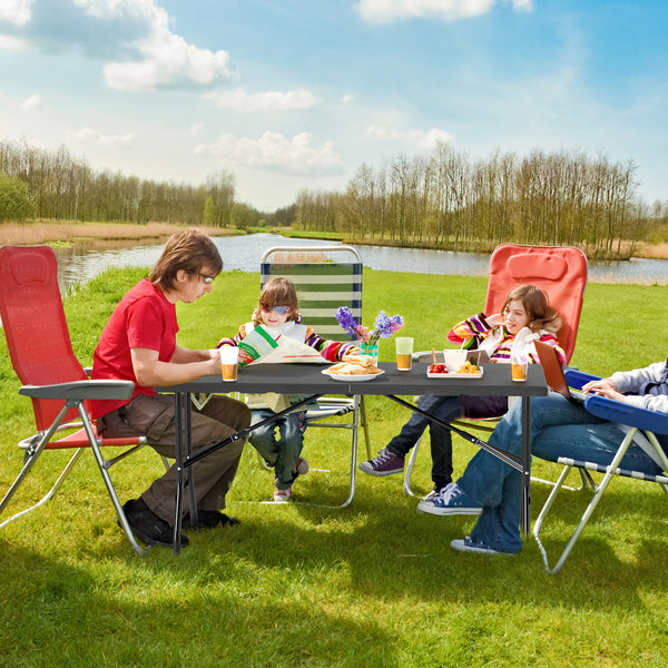 Portable and foldable design allows for easy storage and transportation<br>Convenient built-in handle ensures effortless mobility wherever you go<br>Crafted with a selected HDPE tabletop known for its durability<br>The mimic wood grain surface is wear-res