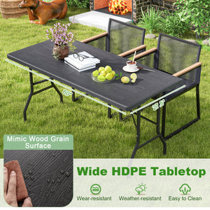 Portable and foldable design allows for easy storage and transportation<br>Convenient built-in handle ensures effortless mobility wherever you go<br>Crafted with a selected HDPE tabletop known for its durability<br>The mimic wood grain surface is wear-res
