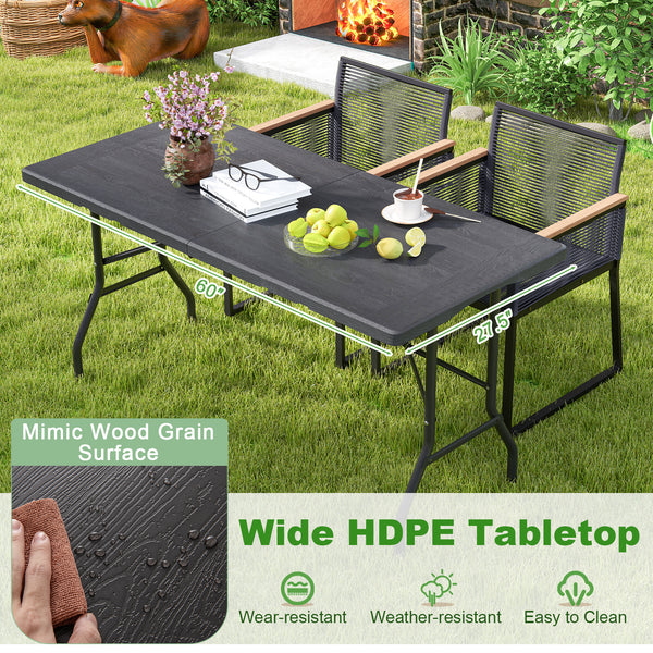 Portable and foldable design allows for easy storage and transportation<br>Convenient built-in handle ensures effortless mobility wherever you go<br>Crafted with a selected HDPE tabletop known for its durability<br>The mimic wood grain surface is wear-res