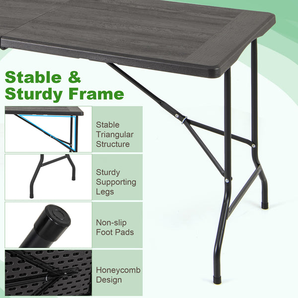 Portable and foldable design allows for easy storage and transportation<br>Convenient built-in handle ensures effortless mobility wherever you go<br>Crafted with a selected HDPE tabletop known for its durability<br>The mimic wood grain surface is wear-res