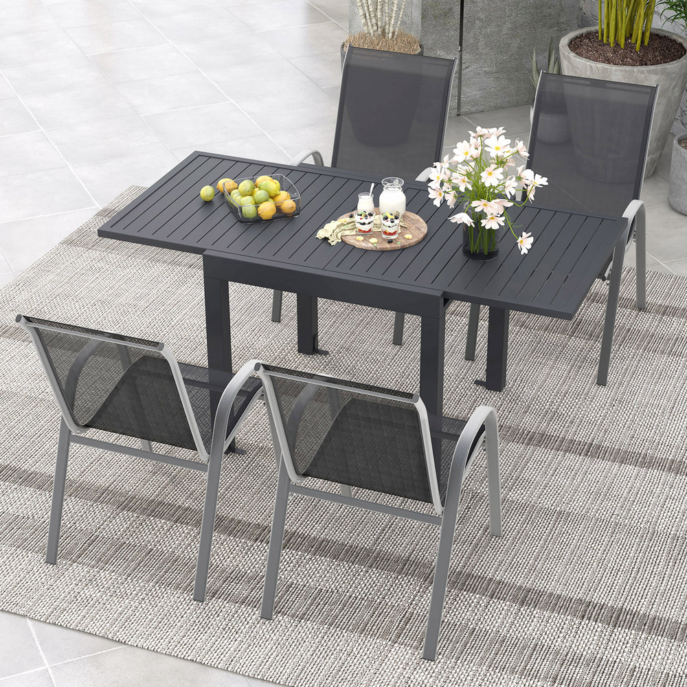 Suitable for 4 people to have a great meal<br>The tabletop can be expanded from 31.5â€ to 63â€ / 80 cm to 160 cm<br>The table is made of rustproof and all-weather aluminum<br>4 L-shaped fixing brackets and adjustable footpads for stability<br>Tilted bac