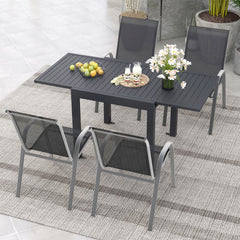 Suitable for 4 people to have a great meal<br>The tabletop can be expanded from 31.5â€ to 63â€ / 80 cm to 160 cm<br>The table is made of rustproof and all-weather aluminum<br>4 L-shaped fixing brackets and adjustable footpads for stability<br>Tilted bac