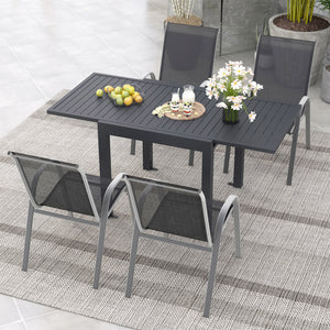 Suitable for 4 people to have a great meal<br>The tabletop can be expanded from 31.5â€ to 63â€ / 80 cm to 160 cm<br>The table is made of rustproof and all-weather aluminum<br>4 L-shaped fixing brackets and adjustable footpads for stability<br>Tilted bac