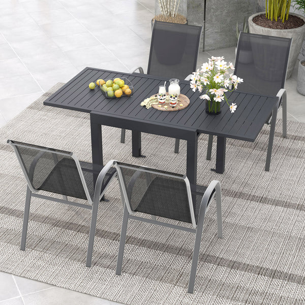 Suitable for 4 people to have a great meal<br>The tabletop can be expanded from 31.5â€ to 63â€ / 80 cm to 160 cm<br>The table is made of rustproof and all-weather aluminum<br>4 L-shaped fixing brackets and adjustable footpads for stability<br>Tilted bac