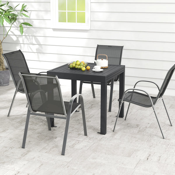 Suitable for 4 people to have a great meal<br>The tabletop can be expanded from 31.5â€ to 63â€ / 80 cm to 160 cm<br>The table is made of rustproof and all-weather aluminum<br>4 L-shaped fixing brackets and adjustable footpads for stability<br>Tilted bac