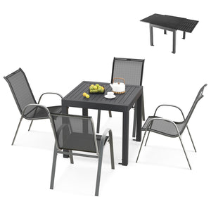 Suitable for 4 people to have a great meal<br>The tabletop can be expanded from 31.5â€ to 63â€ / 80 cm to 160 cm<br>The table is made of rustproof and all-weather aluminum<br>4 L-shaped fixing brackets and adjustable footpads for stability<br>Tilted bac