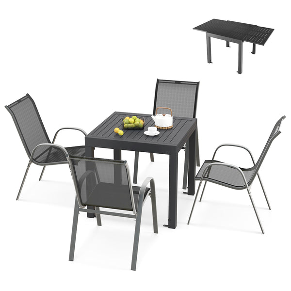 Suitable for 4 people to have a great meal<br>The tabletop can be expanded from 31.5â€ to 63â€ / 80 cm to 160 cm<br>The table is made of rustproof and all-weather aluminum<br>4 L-shaped fixing brackets and adjustable footpads for stability<br>Tilted bac