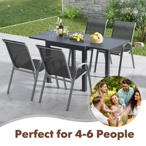 Suitable for 4 people to have a great meal<br>The tabletop can be expanded from 31.5â€ to 63â€ / 80 cm to 160 cm<br>The table is made of rustproof and all-weather aluminum<br>4 L-shaped fixing brackets and adjustable footpads for stability<br>Tilted bac
