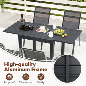 Suitable for 4 people to have a great meal<br>The tabletop can be expanded from 31.5â€ to 63â€ / 80 cm to 160 cm<br>The table is made of rustproof and all-weather aluminum<br>4 L-shaped fixing brackets and adjustable footpads for stability<br>Tilted bac