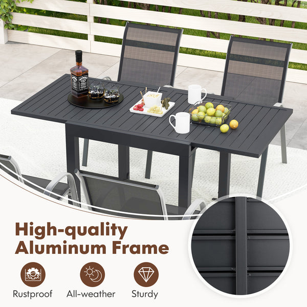Suitable for 4 people to have a great meal<br>The tabletop can be expanded from 31.5â€ to 63â€ / 80 cm to 160 cm<br>The table is made of rustproof and all-weather aluminum<br>4 L-shaped fixing brackets and adjustable footpads for stability<br>Tilted bac