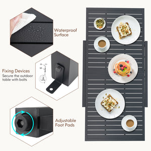 Suitable for 4 people to have a great meal<br>The tabletop can be expanded from 31.5â€ to 63â€ / 80 cm to 160 cm<br>The table is made of rustproof and all-weather aluminum<br>4 L-shaped fixing brackets and adjustable footpads for stability<br>Tilted bac