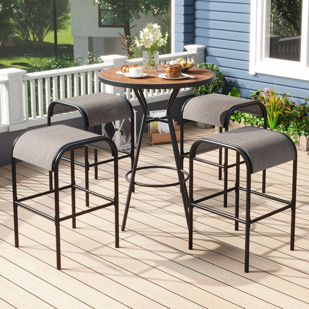 The patio bistro set includes a bar height table and 4 bar stools<br>Designed with a 1.6" coverable umbrella hole (umbrella is not included)<br>An umbrella base is required to maintain stability but not included<br>Features a wood-grained DPC tabletop tha