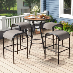 The patio bistro set includes a bar height table and 4 bar stools<br>Designed with a 1.6" coverable umbrella hole (umbrella is not included)<br>An umbrella base is required to maintain stability but not included<br>Features a wood-grained DPC tabletop tha