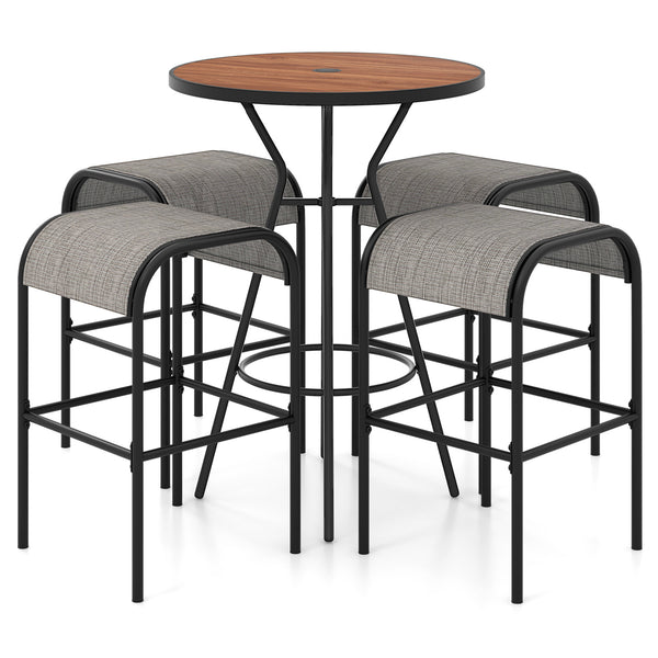 The patio bistro set includes a bar height table and 4 bar stools<br>Designed with a 1.6" coverable umbrella hole (umbrella is not included)<br>An umbrella base is required to maintain stability but not included<br>Features a wood-grained DPC tabletop tha