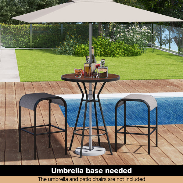 The patio bistro set includes a bar height table and 4 bar stools<br>Designed with a 1.6" coverable umbrella hole (umbrella is not included)<br>An umbrella base is required to maintain stability but not included<br>Features a wood-grained DPC tabletop tha