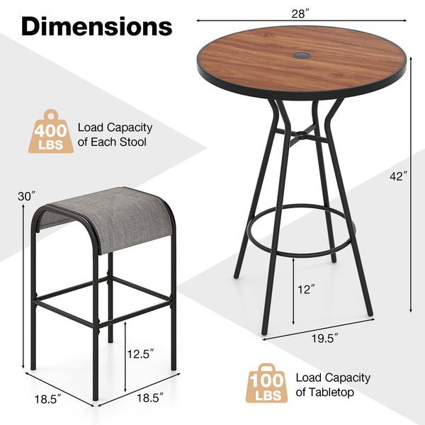 The patio bistro set includes a bar height table and 4 bar stools<br>Designed with a 1.6" coverable umbrella hole (umbrella is not included)<br>An umbrella base is required to maintain stability but not included<br>Features a wood-grained DPC tabletop tha