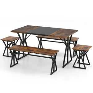 Includes a long kitchen table  2 benches  and 2 stools<br>Perfect for family and friend gatherings  fit 4-6 people<br>2 benches and storage can be stored under the table<br>Suitable for small rooms or apartments<br>The X-shaped metal frames ensure stabili