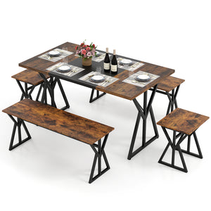 Includes a long kitchen table  2 benches  and 2 stools<br>Perfect for family and friend gatherings  fit 4-6 people<br>2 benches and storage can be stored under the table<br>Suitable for small rooms or apartments<br>The X-shaped metal frames ensure stabili