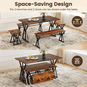 Includes a long kitchen table  2 benches  and 2 stools<br>Perfect for family and friend gatherings  fit 4-6 people<br>2 benches and storage can be stored under the table<br>Suitable for small rooms or apartments<br>The X-shaped metal frames ensure stabili