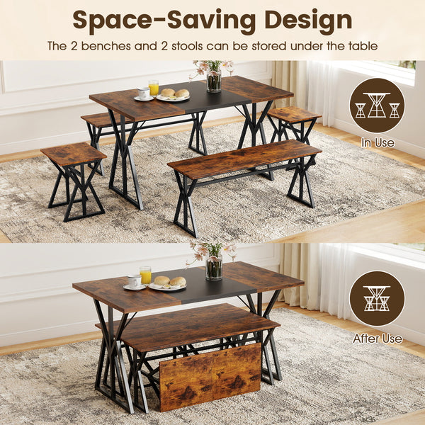 Includes a long kitchen table  2 benches  and 2 stools<br>Perfect for family and friend gatherings  fit 4-6 people<br>2 benches and storage can be stored under the table<br>Suitable for small rooms or apartments<br>The X-shaped metal frames ensure stabili