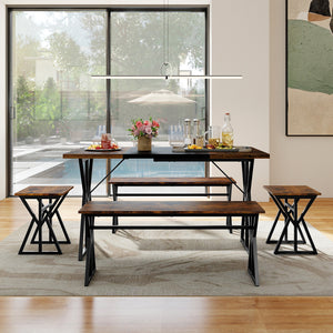 Includes a long kitchen table  2 benches  and 2 stools<br>Perfect for family and friend gatherings  fit 4-6 people<br>2 benches and storage can be stored under the table<br>Suitable for small rooms or apartments<br>The X-shaped metal frames ensure stabili