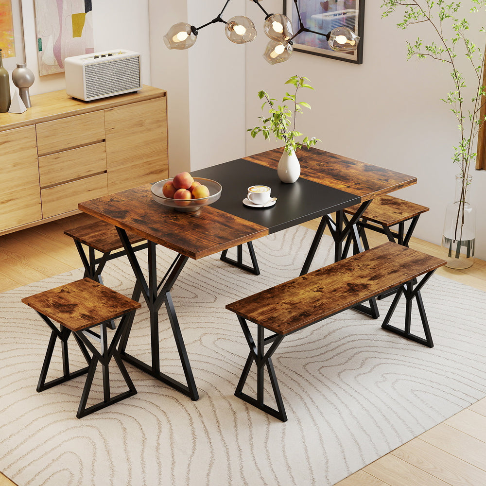 Includes a long kitchen table  2 benches  and 2 stools<br>Perfect for family and friend gatherings  fit 4-6 people<br>2 benches and storage can be stored under the table<br>Suitable for small rooms or apartments<br>The X-shaped metal frames ensure stabili