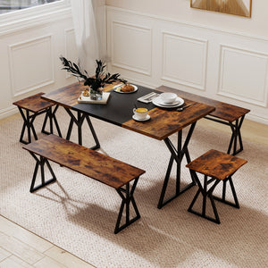 Includes a long kitchen table  2 benches  and 2 stools<br>Perfect for family and friend gatherings  fit 4-6 people<br>2 benches and storage can be stored under the table<br>Suitable for small rooms or apartments<br>The X-shaped metal frames ensure stabili
