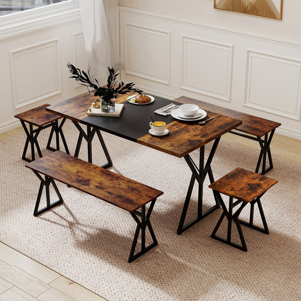 Includes a long kitchen table  2 benches  and 2 stools<br>Perfect for family and friend gatherings  fit 4-6 people<br>2 benches and storage can be stored under the table<br>Suitable for small rooms or apartments<br>The X-shaped metal frames ensure stabili