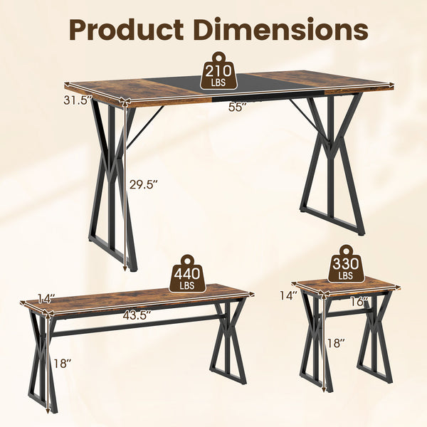 Includes a long kitchen table  2 benches  and 2 stools<br>Perfect for family and friend gatherings  fit 4-6 people<br>2 benches and storage can be stored under the table<br>Suitable for small rooms or apartments<br>The X-shaped metal frames ensure stabili