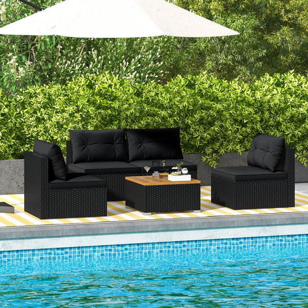 Premium PE rattan for much elegance and long service life<br>Elastic cushions make all the 4 chairs cozier to sit<br>Zippers make seat cushion covers simple to remove and wash<br>Stable X-shaped metal frame offers strong support<br>L-shaped footpads and f