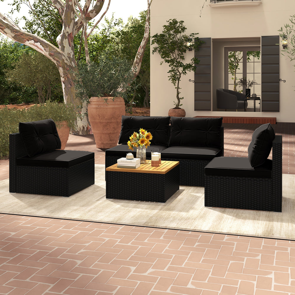 Premium PE rattan for much elegance and long service life<br>Elastic cushions make all the 4 chairs cozier to sit<br>Zippers make seat cushion covers simple to remove and wash<br>Stable X-shaped metal frame offers strong support<br>L-shaped footpads and f