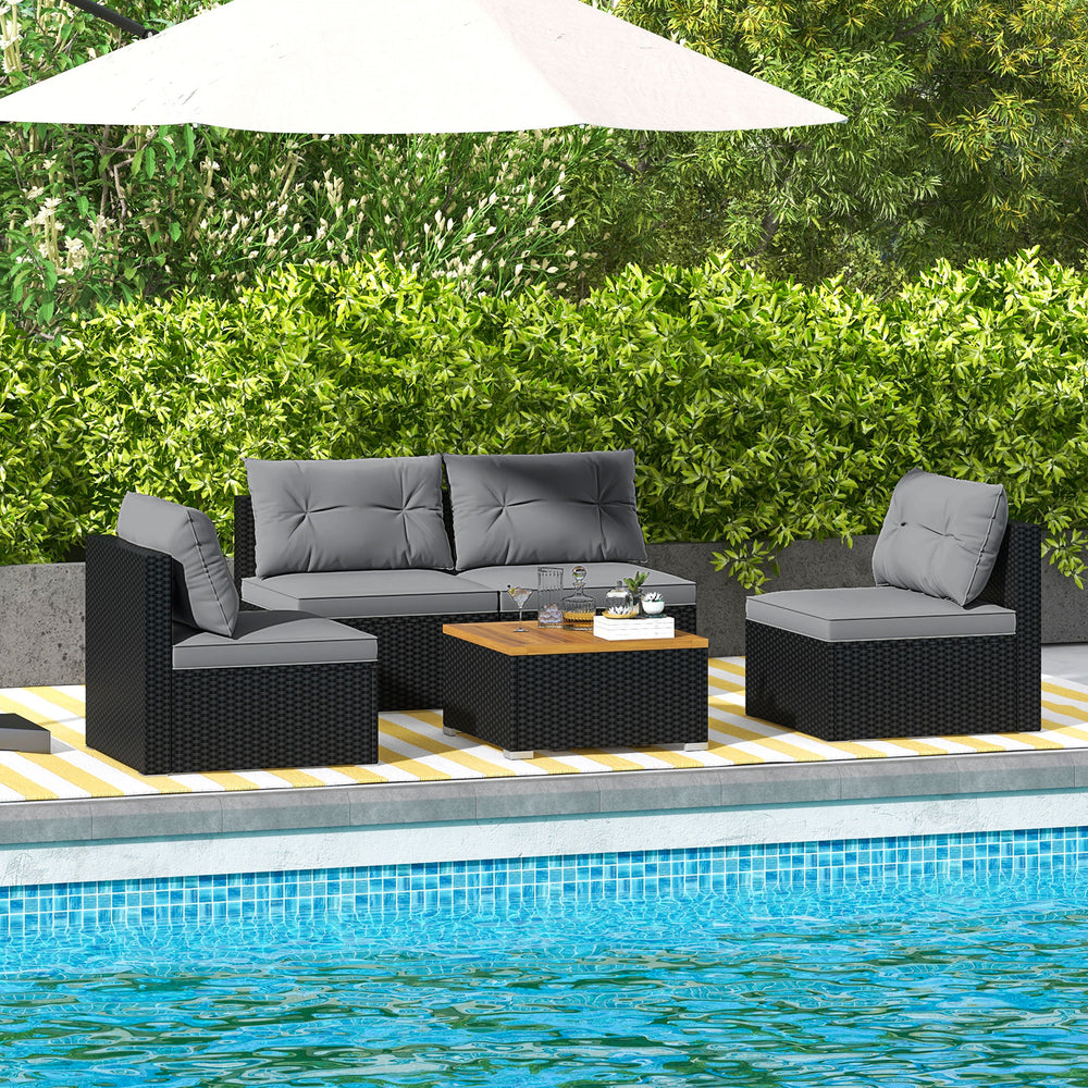 Premium PE rattan for much elegance and long service life<br>Elastic cushions make all the 4 chairs cozier to sit<br>Zippers make seat cushion covers simple to remove and wash<br>Stable X-shaped metal frame offers strong support<br>L-shaped footpads and f
