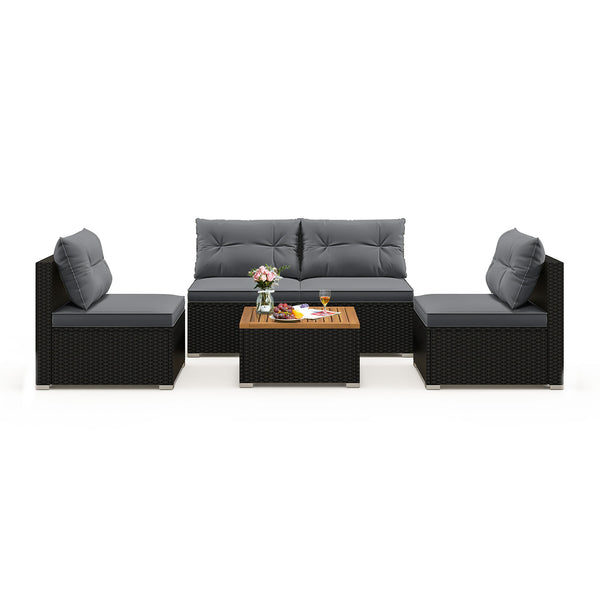 Premium PE rattan for much elegance and long service life<br>Elastic cushions make all the 4 chairs cozier to sit<br>Zippers make seat cushion covers simple to remove and wash<br>Stable X-shaped metal frame offers strong support<br>L-shaped footpads and f