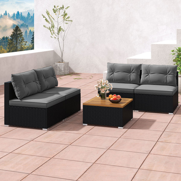 Premium PE rattan for much elegance and long service life<br>Elastic cushions make all the 4 chairs cozier to sit<br>Zippers make seat cushion covers simple to remove and wash<br>Stable X-shaped metal frame offers strong support<br>L-shaped footpads and f