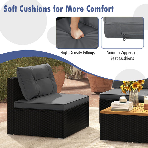 Premium PE rattan for much elegance and long service life<br>Elastic cushions make all the 4 chairs cozier to sit<br>Zippers make seat cushion covers simple to remove and wash<br>Stable X-shaped metal frame offers strong support<br>L-shaped footpads and f