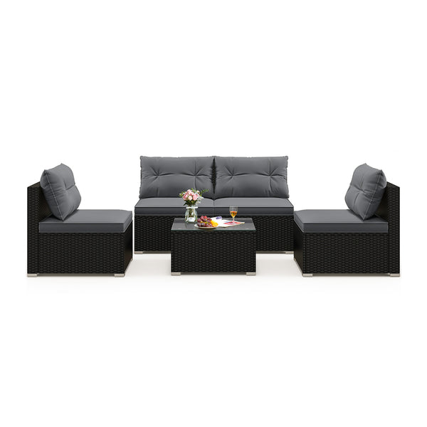 Rustproof steel frame for better outdoor adaptability<br>Durable black PE wicker for sun protection and fade resistance<br>Ensure strong stability thanks to its sturdy construction<br>Can be placed on different grounds with adjustable raised foot pads<br>