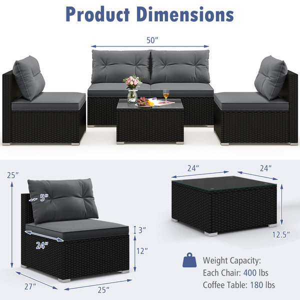 Rustproof steel frame for better outdoor adaptability<br>Durable black PE wicker for sun protection and fade resistance<br>Ensure strong stability thanks to its sturdy construction<br>Can be placed on different grounds with adjustable raised foot pads<br>