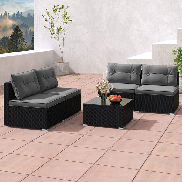 Rustproof steel frame for better outdoor adaptability<br>Durable black PE wicker for sun protection and fade resistance<br>Ensure strong stability thanks to its sturdy construction<br>Can be placed on different grounds with adjustable raised foot pads<br>