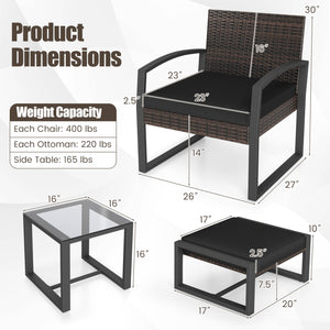 Well-crafted mix brown PE rattan offers sun resistance and timeless elegance<br>Versatile ottomans provide extra seating or side tables  and save floor space<br>Soft sponge cushions provide luxurious comfort for outdoor relaxation<br>Removable zippered co