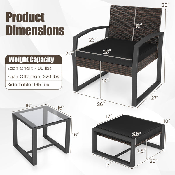 Well-crafted mix brown PE rattan offers sun resistance and timeless elegance<br>Versatile ottomans provide extra seating or side tables  and save floor space<br>Soft sponge cushions provide luxurious comfort for outdoor relaxation<br>Removable zippered co