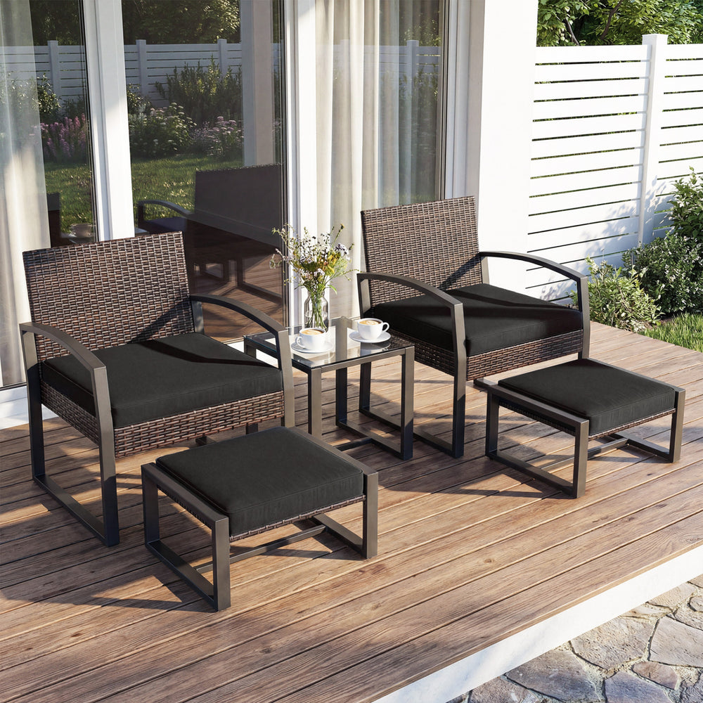 Well-crafted mix brown PE rattan offers sun resistance and timeless elegance<br>Versatile ottomans provide extra seating or side tables  and save floor space<br>Soft sponge cushions provide luxurious comfort for outdoor relaxation<br>Removable zippered co