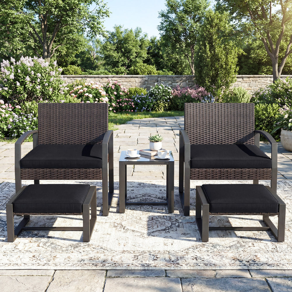Well-crafted mix brown PE rattan offers sun resistance and timeless elegance<br>Versatile ottomans provide extra seating or side tables  and save floor space<br>Soft sponge cushions provide luxurious comfort for outdoor relaxation<br>Removable zippered co