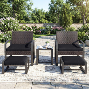 Well-crafted mix brown PE rattan offers sun resistance and timeless elegance<br>Versatile ottomans provide extra seating or side tables  and save floor space<br>Soft sponge cushions provide luxurious comfort for outdoor relaxation<br>Removable zippered co