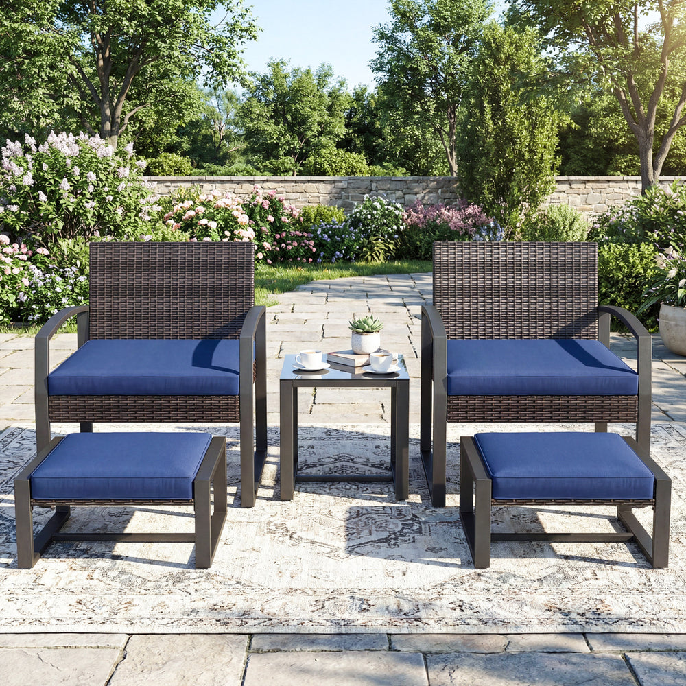 Well-crafted mix brown PE rattan offers sun resistance and timeless elegance<br>Versatile ottomans provide extra seating or side tables  and save floor space<br>Soft sponge cushions provide luxurious comfort for outdoor relaxation<br>Removable zippered co