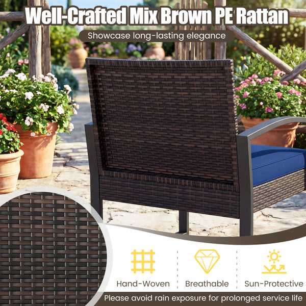 Well-crafted mix brown PE rattan offers sun resistance and timeless elegance<br>Versatile ottomans provide extra seating or side tables  and save floor space<br>Soft sponge cushions provide luxurious comfort for outdoor relaxation<br>Removable zippered co