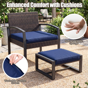 Well-crafted mix brown PE rattan offers sun resistance and timeless elegance<br>Versatile ottomans provide extra seating or side tables  and save floor space<br>Soft sponge cushions provide luxurious comfort for outdoor relaxation<br>Removable zippered co