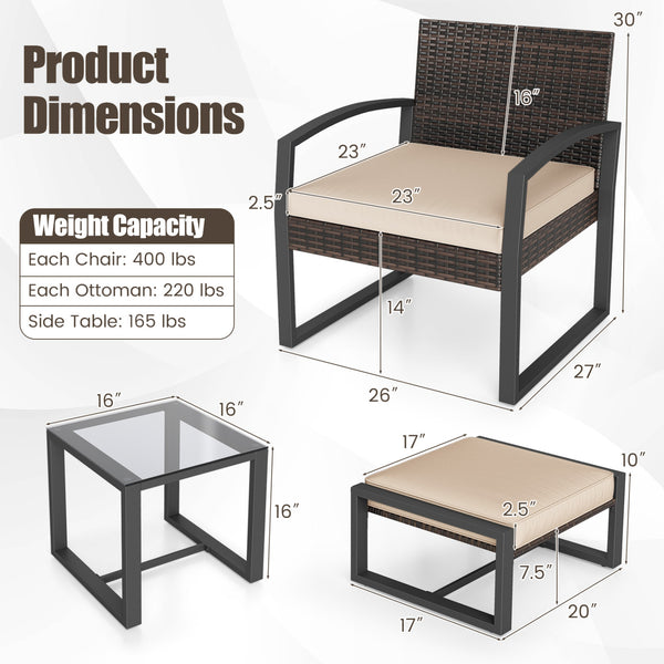 Well-crafted mix brown PE rattan offers sun resistance and timeless elegance<br>Versatile ottomans provide extra seating or side tables  and save floor space<br>Soft sponge cushions provide luxurious comfort for outdoor relaxation<br>Removable zippered co